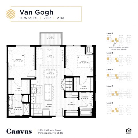 Floor plan for 2 beds, 2 baths, 1075 sqft